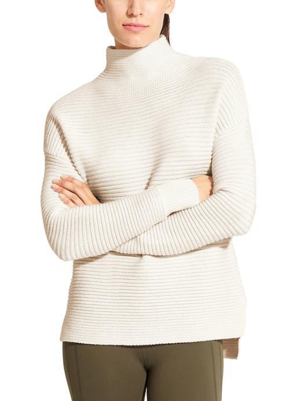 Athleta 100% Merino Wool Lodge SweaterCream Ribbed Mock Neck Sweater Size XXS